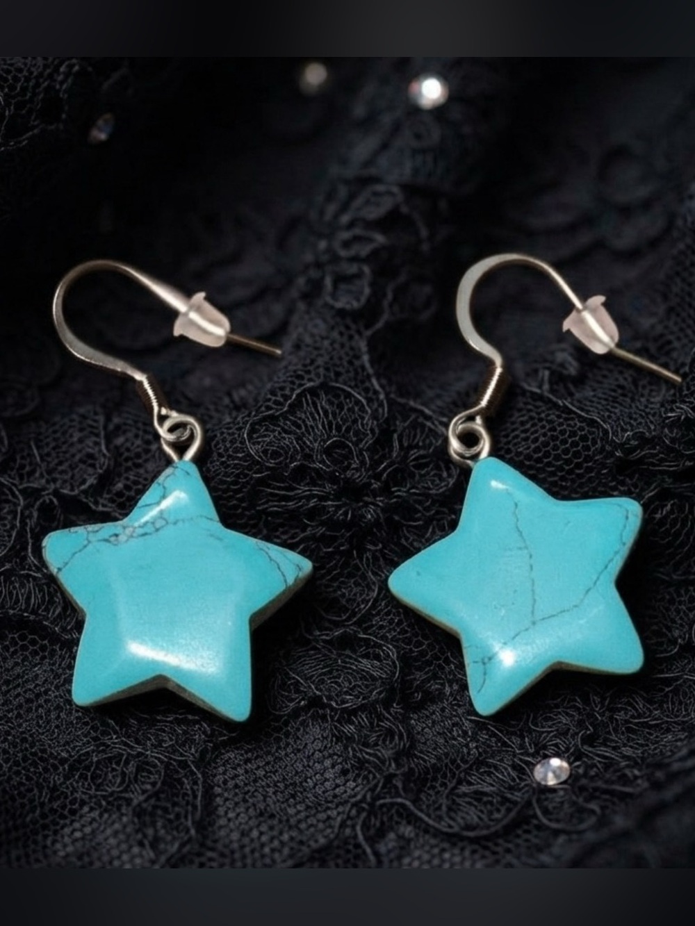 Turquoise Stone Star Dangle Earrings With Surgical Steel Hooks